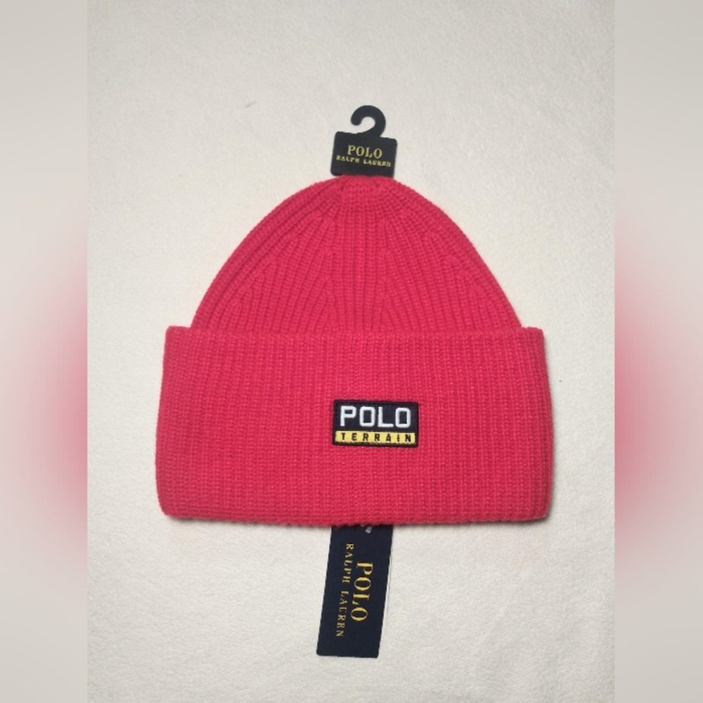 NWT POLO Ralph Lauren Terrain Wide Double Cuff Red Knit Winter Beanie Tuque Hat
